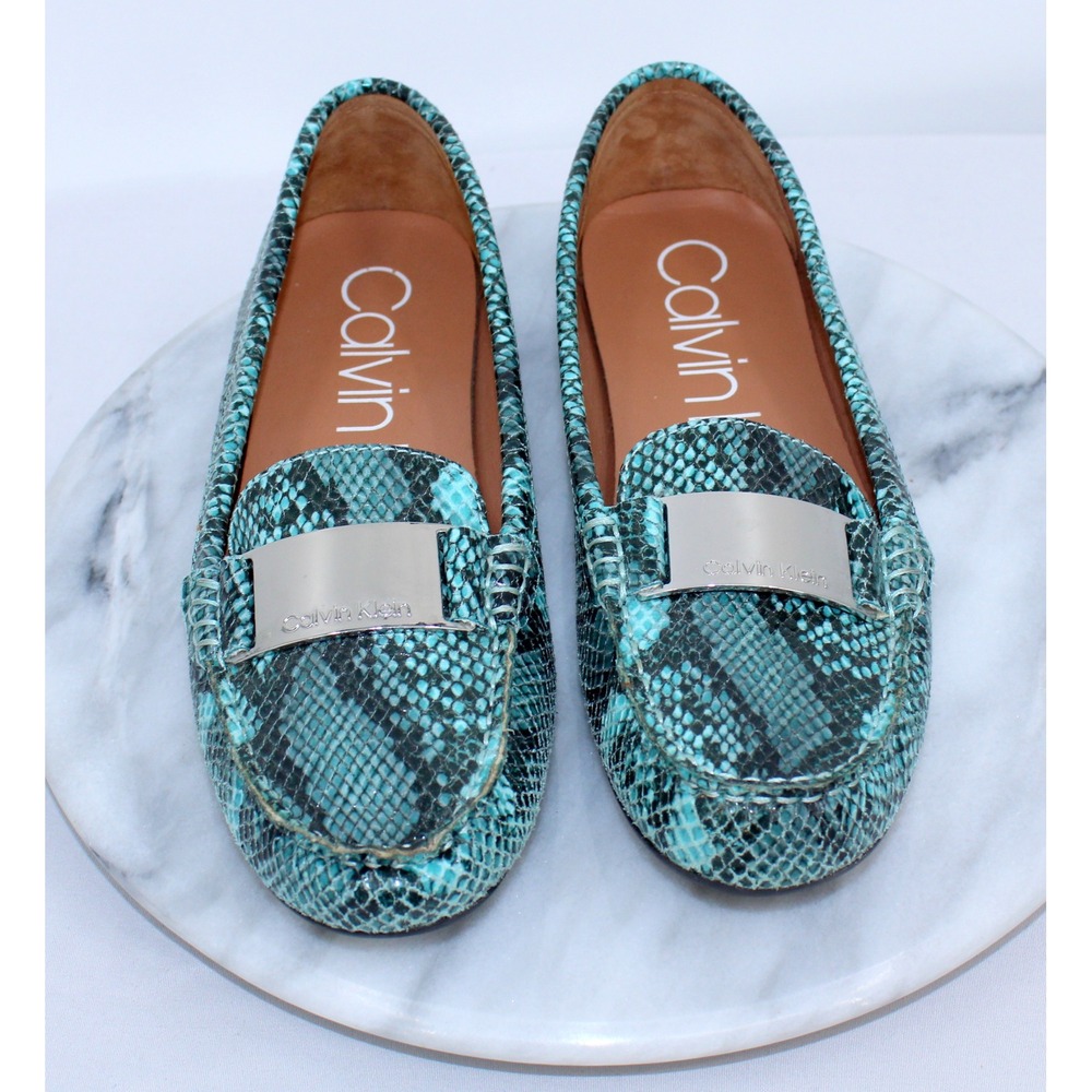 Calvin Klein Lisette Teal Snakeskin Embossed Loafers Silver Logo Plate 7M
